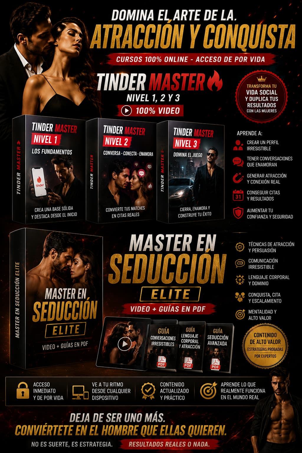 Curso (100% Videos) Tinder Master Nivel 1, 2 y 3 + Curso (100% Videos + pdf) Master en Seducción. Situaciones reales, ejemplos prácticos, todo lo que precisás para acelerar tus resultados.
