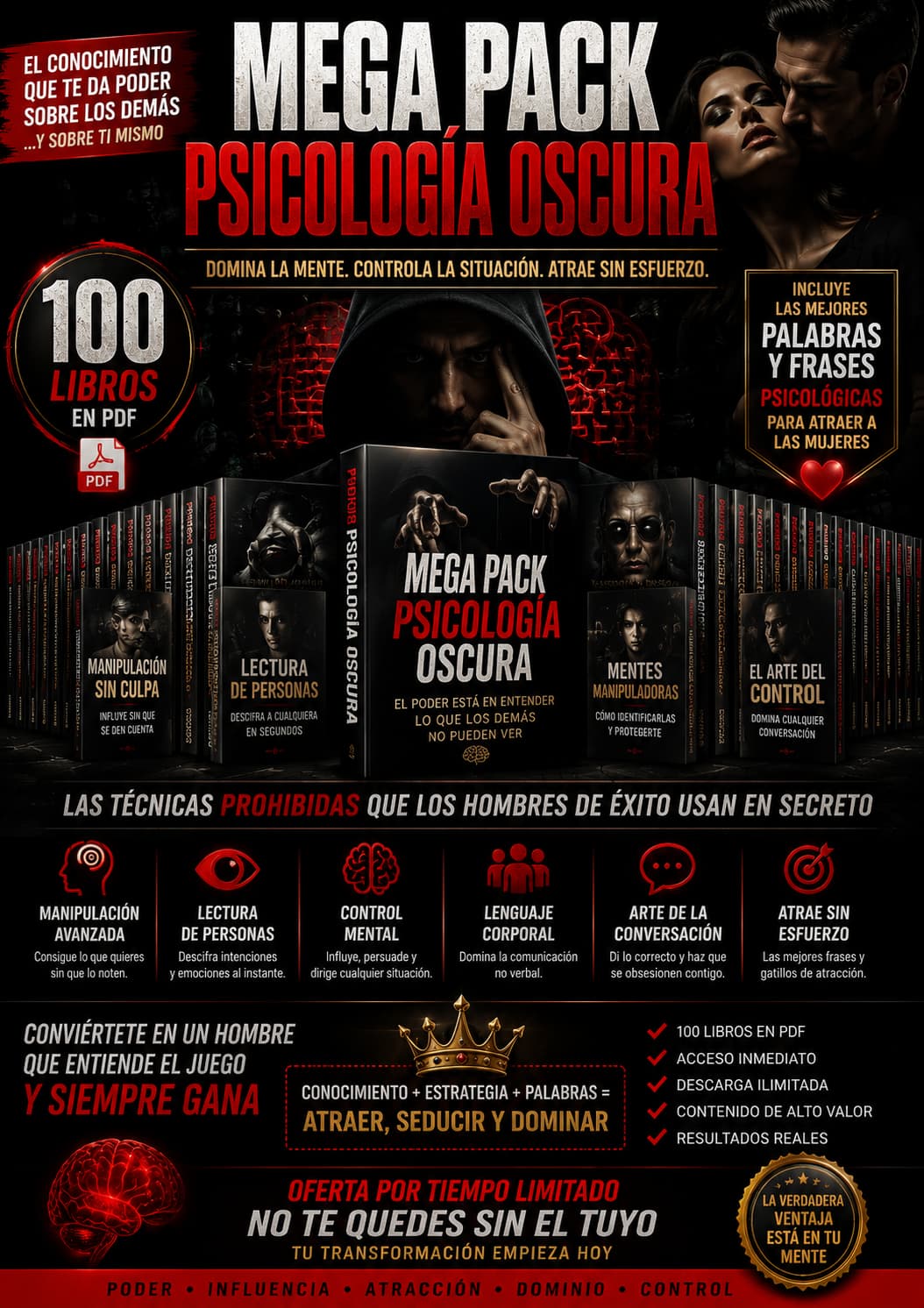 Mega Pack de Psicología Oscura - 100 libros en pdf. Aprendé las técnicas de persuasión, lenguaje corporal y comunicación para potenciar tus habilidades sociales.